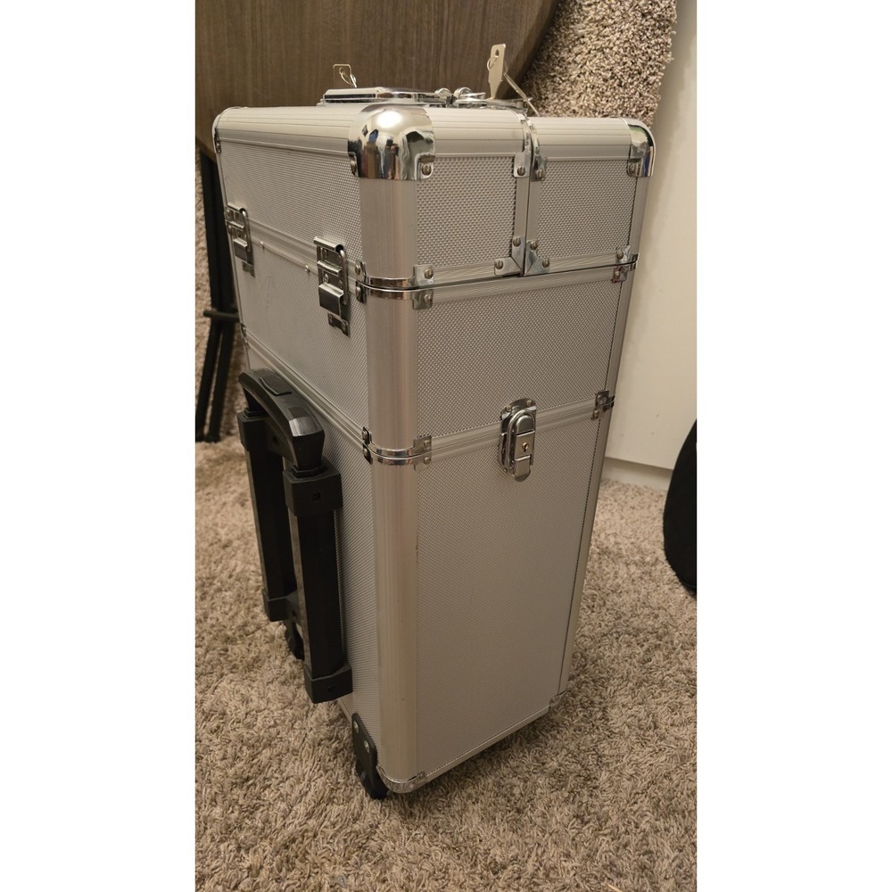 2 in 1 Rolling Aluminum Makeup Train Case Salon Cosmetic Trolley Organizer Box